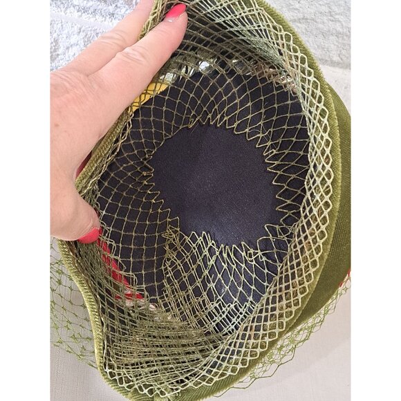 Vintage Pillbox Hat Green Pheasant Feather Multicolor Netting Retro Womens OS - Picture 6 of 11